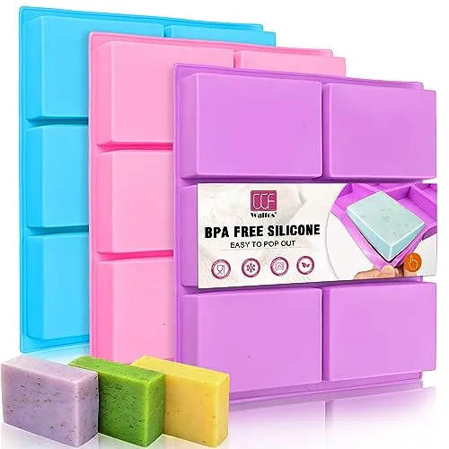 Walfos Silicone Soap Molds Set of 3, 6 Cavities Rectangle Silicone Soap Molds for Homemade Craft Soap Mold, Cake Mold, Chocolate Mold & Ice Cube Tray(Blue & Purple & Pink)
